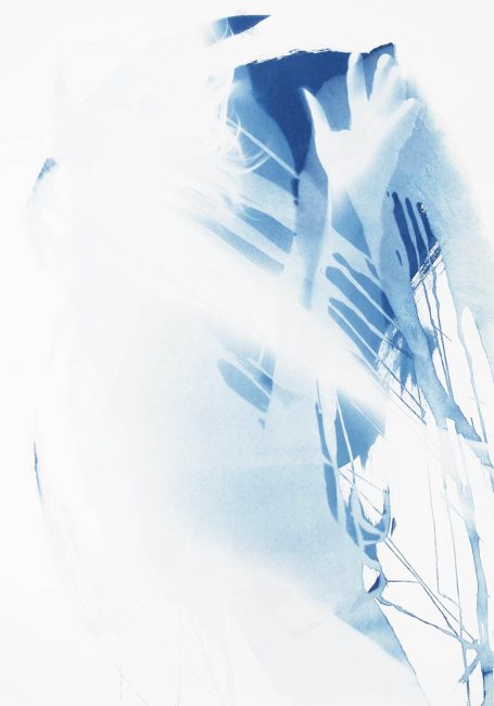 photographic bodyscape n°3, 100x70cm Abstrakte Komposition in Blau mit sanften Formen und verschwommenen Konturen.